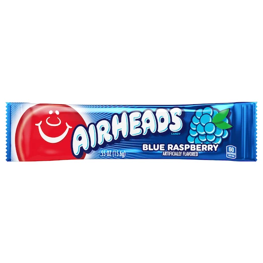 Airheads Blue Raspberry Candy, 0.55 Ounces, 36 Per Box, 12 Per Case | SKU: 455427 | UPC: 073390610203 | GTIN: 10073390610200