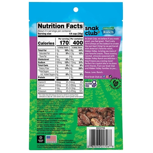 Snak Club Hidden Valley Ranch Almonds, 2.5 Ounce -- 6 per case | SKU: 765355 | UPC: 087076297060