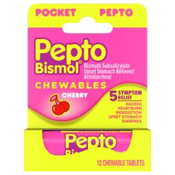 Pepto Cherry Chewable Tablets, 12 Count, 6 Per Pack, 4 Per Case | SKU: 555043