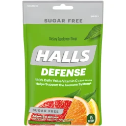 Halls Sugar Free Defense Assorted Citrus Cough Drops, 25 Count, 12 Per Pack, 4 Per Case | SKU: 481133