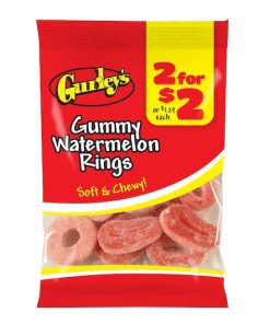 2 For $2 Watermelon Rings Gummy Candy, 3.25 Ounce, 12 Per Case | SKU: 734678 | UPC: 077449506127 | GTIN: 10077449506124