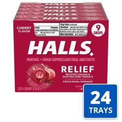Halls Cherry Cough Drops, 9 Count, 20 Per Box, Boxes 24 Per Case | SKU: 481058 | UPC: 312546624764