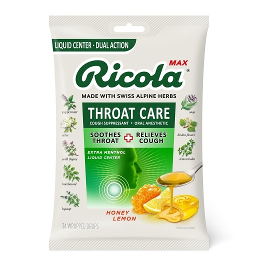 Ricola Max Throat Care Honey Lemon, 34 Count, 6 Per Pack, 6 Per Case