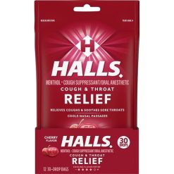 Halls Bag Cherry Cough Drops, 30 Count, 12 Per Box, 4 Per Case