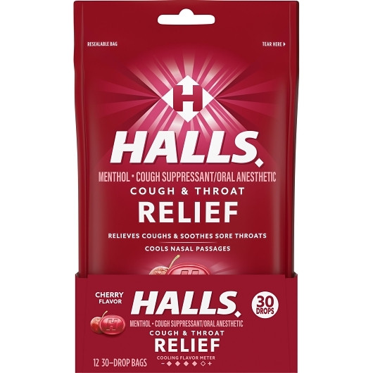 Halls Bag Cherry Cough Drops, 30 Count, 12 Per Box, 4 Per Case