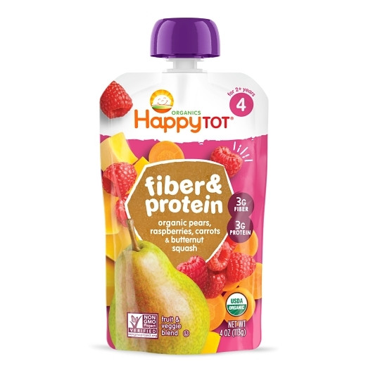 Happy Tot Organic Fiber & Protein Pears Raspberries Butternut Squash & Carrots, 4 Ounce, 8 Per Pack, 2 Per Case