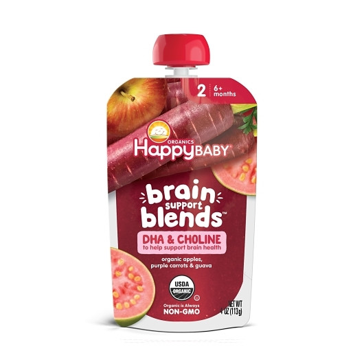 Happy Baby Stage 2 Brain Support Blends Apples, Purple Carrots & Guava With Dha And Choline Pouch, 4 Ounce, 16 Per Case