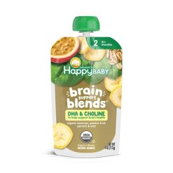 Happy Baby Stage 2 Brain Support Blends Bananas, Spinach, Passionfruit & Oats, Dha, Choline, 4 Ounce, 16 Per Case