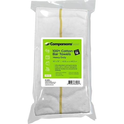 Companions White With Gold Stripe Heavy Duty Bar Towels, 12 Each, 24 Per Pack, 288 Per Case