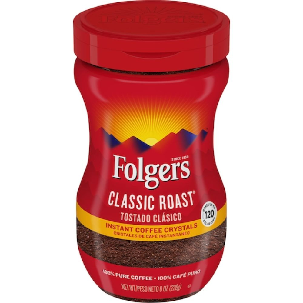 Folgers Classic Roast Caffeinated Instant Coffee Crystals, 8 Ounces, 6 Per Case