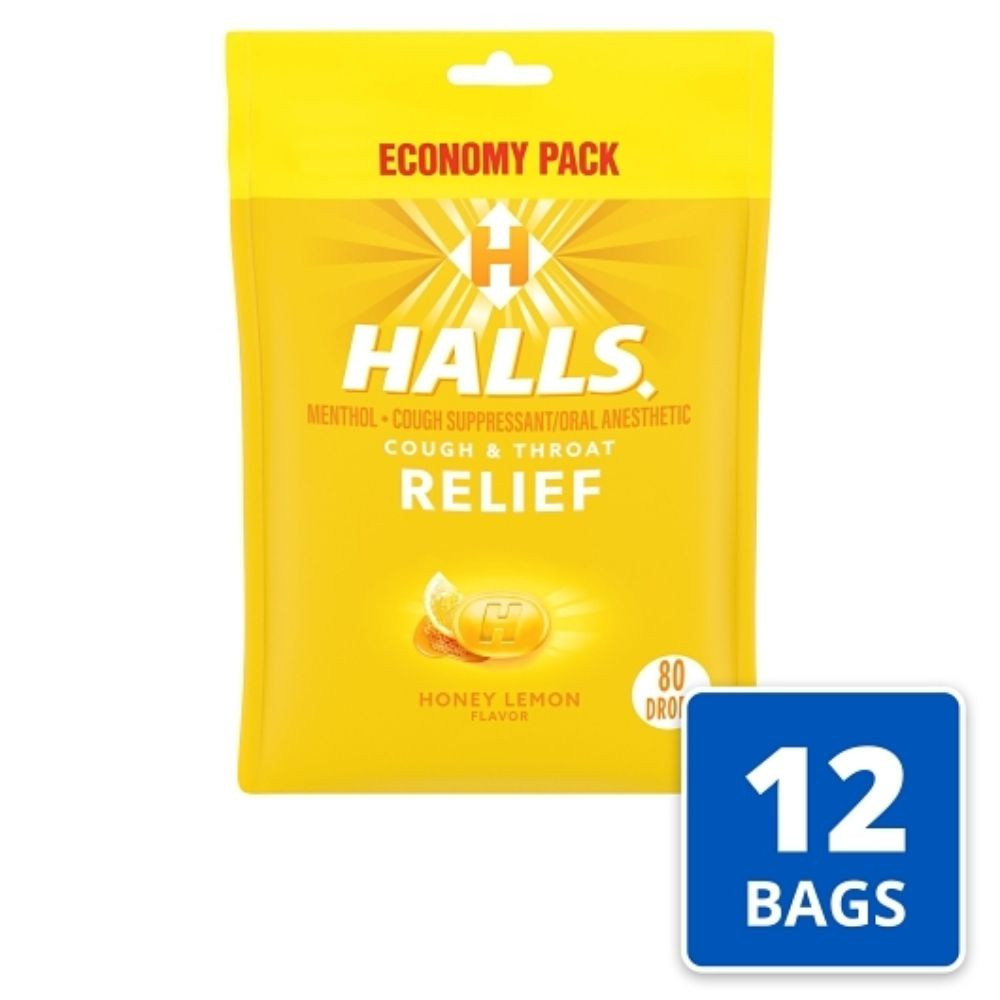 Halls Menthol Lyptus Honey Lemon Cough Drops, 80 Count, 12 Per Case